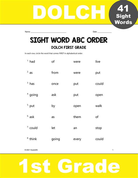 First Grade Sight Words Worksheets Abc Order All Dolch St