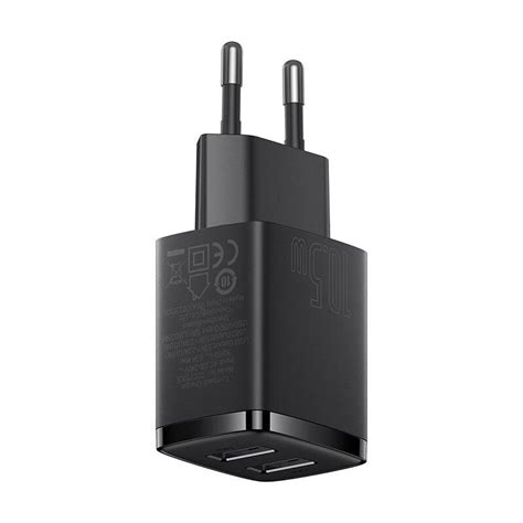 Мрежово зарядно устройство Baseus, 2 USB порта, 10,5 W, Черен - eMAG.bg
