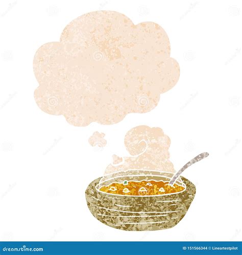 A Creative Cartoon Bowl Of Hot Soup And Thought Bubble In Retro Textured Style Stock Vector