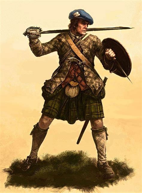 A Painting Of A Man Dressed As A Scottish Soldier Holding Two Swords And Wearing A Kilt