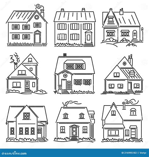 Set Eenvoudige Beelden Van Kleine Huizen Getekend In Kunstlijnstijl