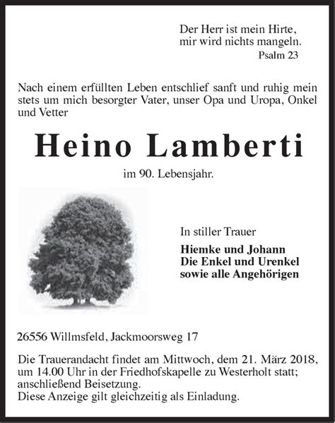 Traueranzeigen Von Heino Lamberti Nordwest Trauer De