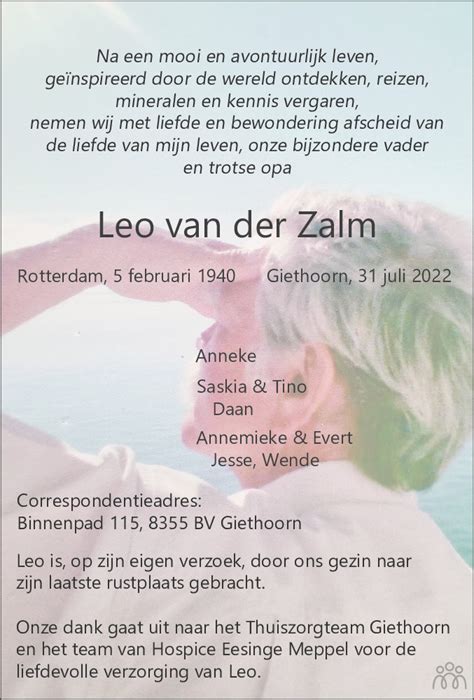 Leo Van Der Zalm Overlijdensbericht En Condoleances