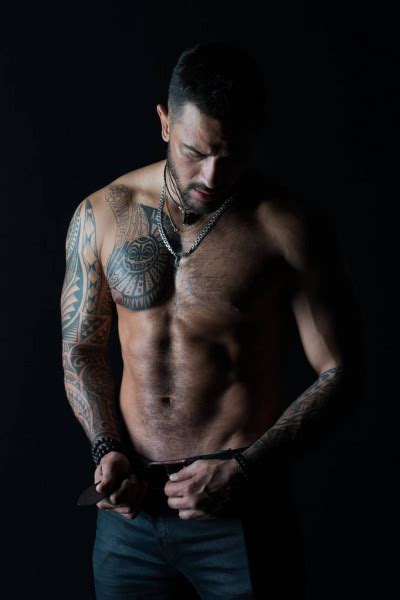 Bodycare With Fitness And Sport Man With Tattoo Design On Skin Bearded Man Shirtless With Fit