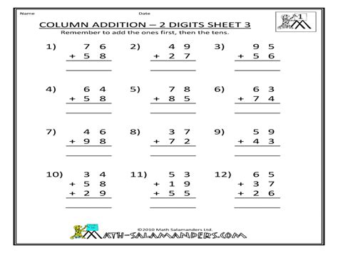 Column Addition Worksheets Year 2