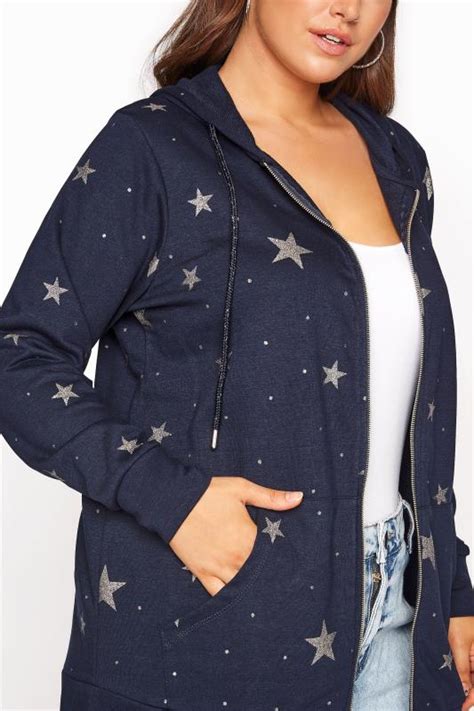 Sudadera Con Capucha Y Cremallera Azul Marina Con Estrellas Doradas
