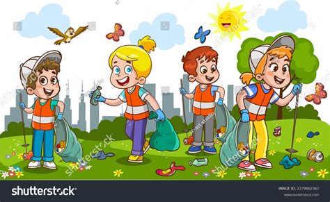Children Cleaning Environment Garbage Cartoon Vector Stock Vector