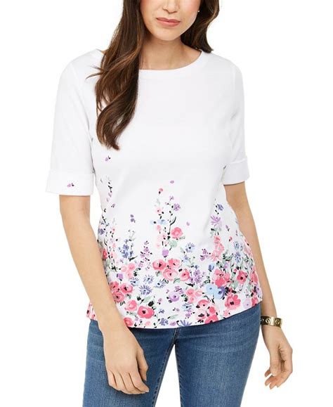 Karen Scott Floral Print Elbow Sleeve Boat Neck Top Created For Macys And Reviews Tops Women