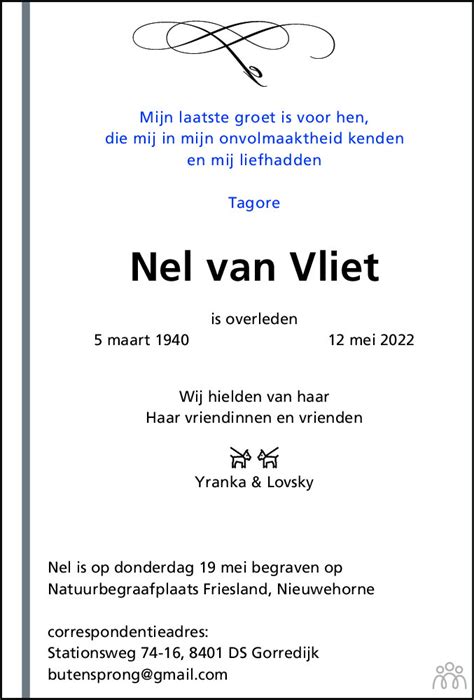 Nel Van Vliet 12 05 2022 Overlijdensbericht En Condoleances Mensenlinq Nl