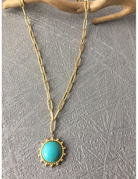 Collier En Acier Inoxydable Couleur Or Et Soleil Turquoise Flory