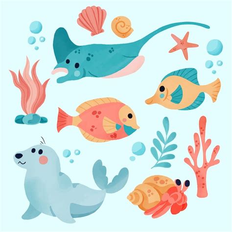 Colección de animales marinos en acuarela Vector Gratis