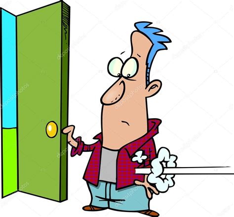 Hombre De Dibujos Animados Abriendo La Puerta Principal Stock Vector By