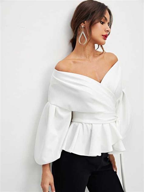 Shein Modely Lantern Sleeve Surplice Belted Peplum Off The Shoulder