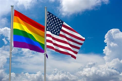 Bandera del orgullo gay y bandera de estados unidos sobre fondo de cielo azul ilustración d