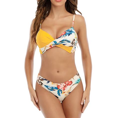 Aturustex Women Bikini Set Flower Leaves Print Bra With Low Waist