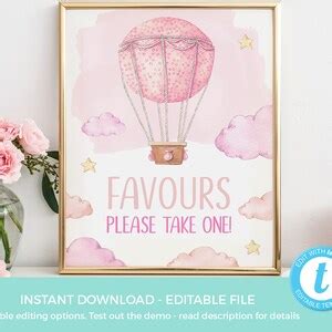 Hot Air Balloon Tag Template Blue Thank You Tag Editable Pink Favor Tag Printable Favour