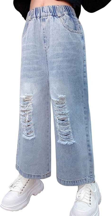 Doomiva Jean Large Enfant Fille Ado Pantalon en Denim Décontractés Jean