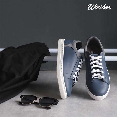 Jual Sepatu Sneakers Kulit Pria Winshor Onyx Navy Grey Shopee