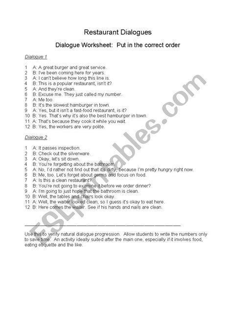 Restaurant Dialogues Esl Worksheet By Pororo