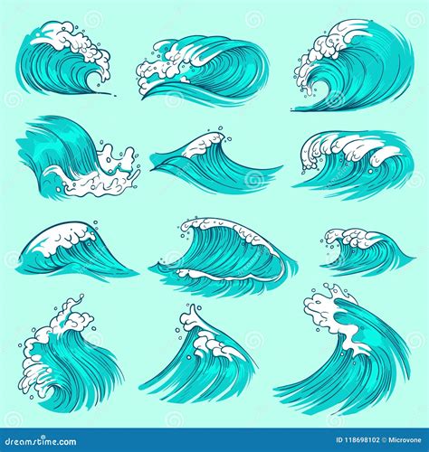 Vintage Hand Drawn Sea Blue Waves With Splashes Ocean Storm Water