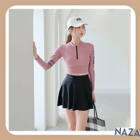 Đồ bơi nữ tay dài dáng váy chữ A Bikini nữ kín đáo đi biển vải mềm mại co giãn Lazada vn