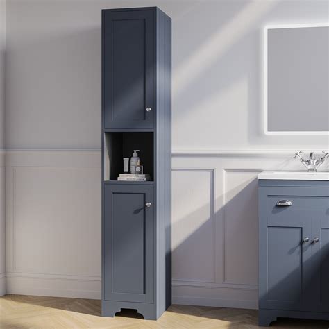 Double Door Blue Freestanding Tall Bathroom Cabinet 350 X 1884mm Baxenden Better Bathrooms