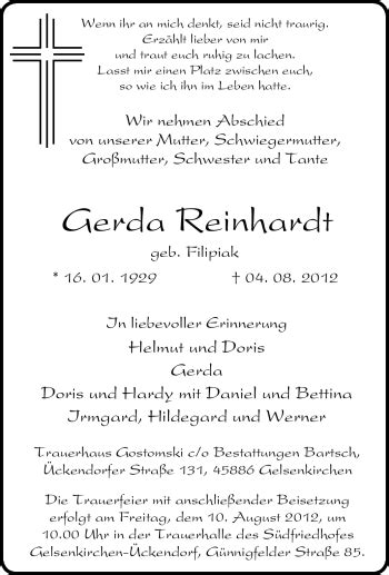 Traueranzeigen Von Gerda Reinhardt Trauer In Nrw De