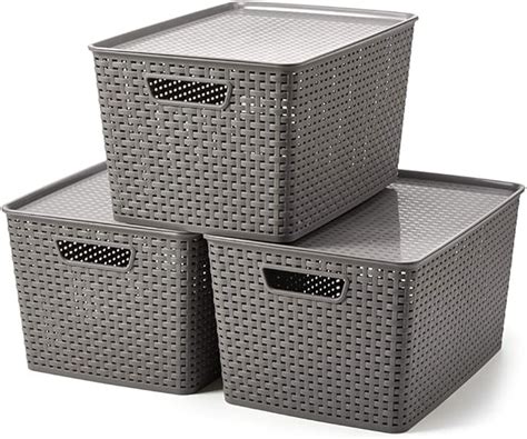 Ezoware Set Of 3 Lidded Storage Bins Large Plastic