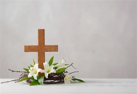 Crown Of Thorns Wooden Cross And White Lily On Table Copy Space