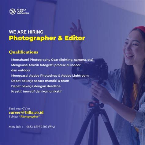 Lowongan Kerja Photographer Editor Sales Marketing Di PT Billa