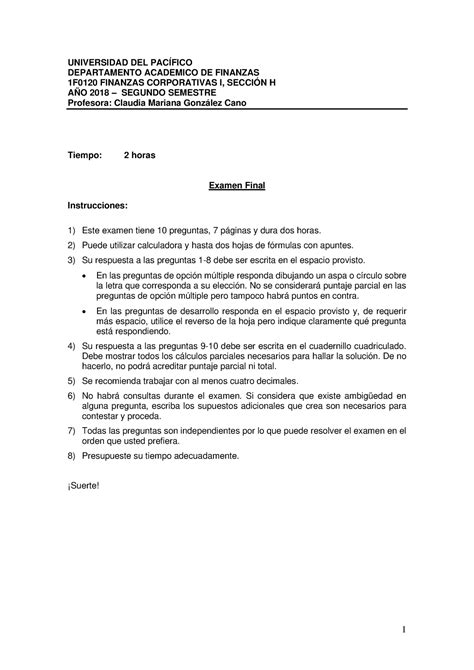 Examen Final Finanzas Corporativas H 2018 II Solución UNIVERSIDAD DEL