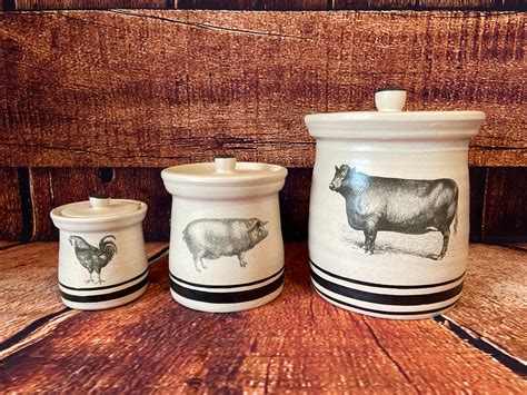 Cow Pig And Rooster Ceramic Farmhouse Canister Set Etsy Rooster