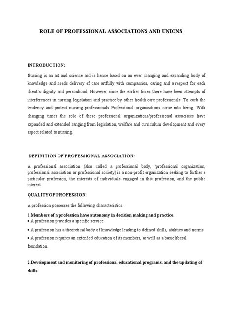 Role Of Professional Associations And Unions Pdf Nursing Profession