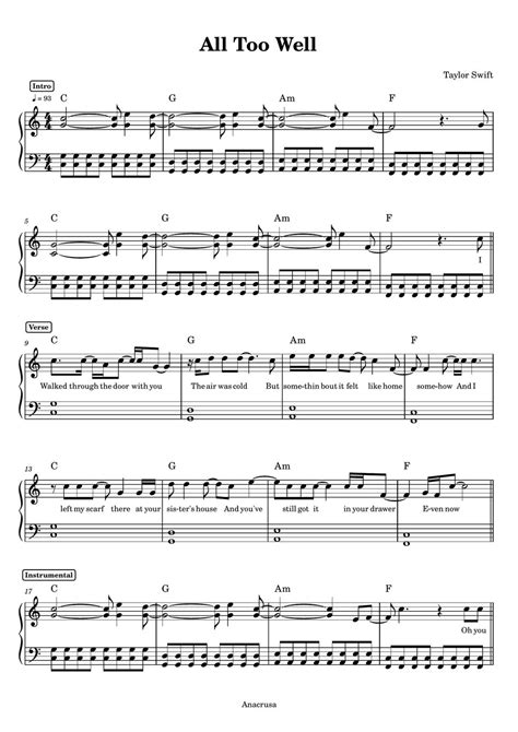 Taylor Swift All Too Well Piano Sheets By Anacrusa