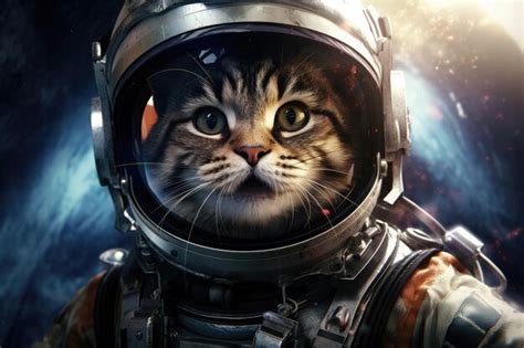 大胆な猫が宇宙服とヘルメットを着て 宇宙の冒険に乗り出します サイエンスフィクションの宇宙壁紙で 猫の宇宙飛行士が登場します プレミアム写真