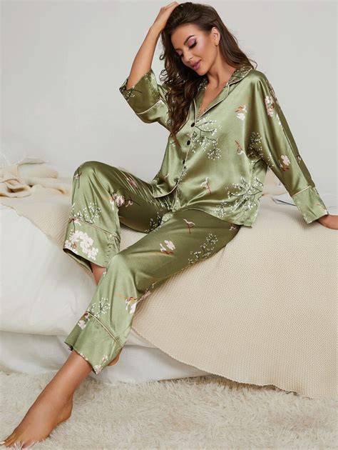 Floral Print Contrast Piping Satin Blouse Pants PJ Set SHEIN