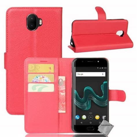 Housse Etui Portefeuille Pu Cuir Pour Wiko Wim Verre Trempe Rouge