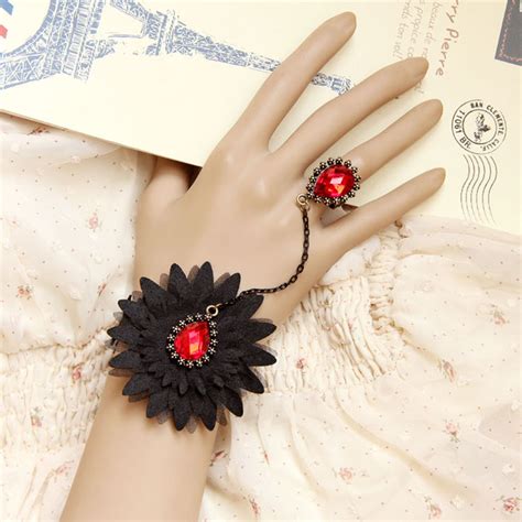 Victorian Gothic Black Lace Wristband Ruby Embellishment Bracelet With