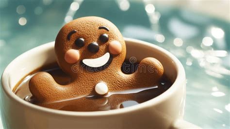 Gingerbread Man Bathing In Cup Of Hot Chocolate Or Cocoa With Marshmallow Generative AI Stock