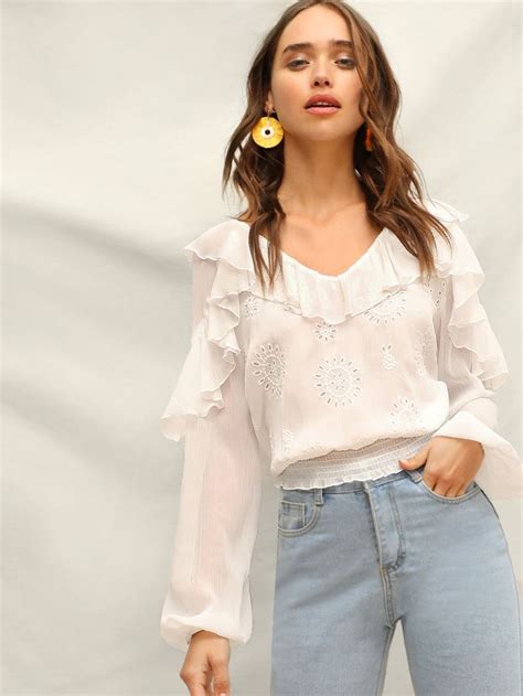 SHEIN Shirred Waist Schiffy Ruffle Top White Top Women Ruffle Top