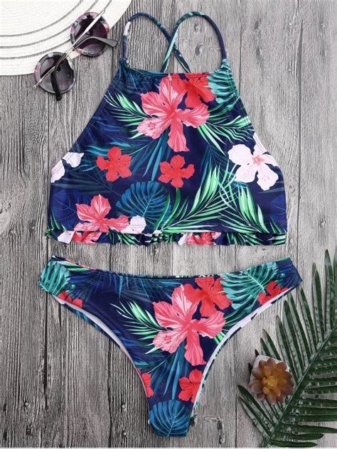 OFF Tropical Floral High Neck Ruffles Bikini In FLORAL ZAFUL