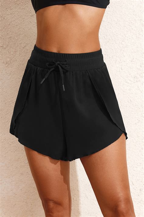 5 2 Black High Waisted Drawstring 2 In 1 Side Pocket Color Block Bikini Shorts Wholesale