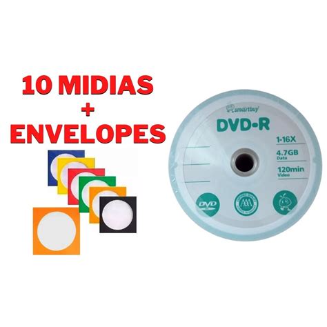 10 unidades de Mídia Virgem DVD R Nos Envelopes Smartbuy Grava Jogo Ps2