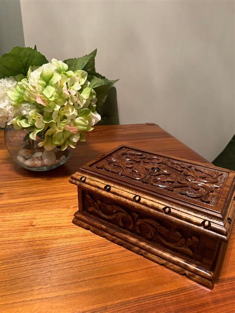 Hand Carved Walnut Wood Jewellery Box Walnut Carving Secret Lock Wood