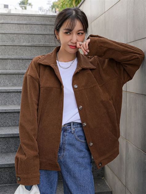 Drop Shoulder Button Up Corduroy Jacket Jacket Outfit Women Shirt Outfit Women Brown Jacket