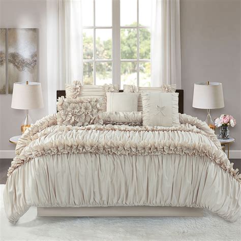 Hig Queen Size 7 Piece Ruched Pleat Comforter Set In Camel Romantic