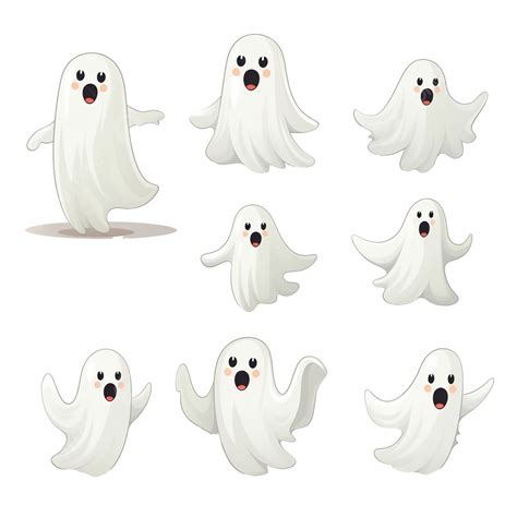 Cute Halloween Ghost Set In Different Poses White Flying Spooky Ghost