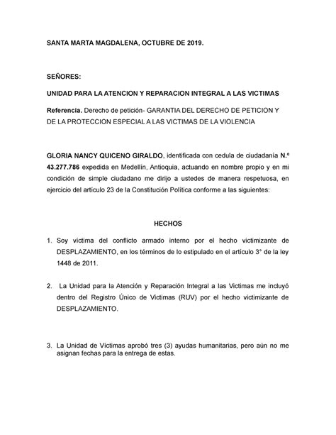 Derecho de petición SANTA MARTA MAGDALENA OCTUBRE DE 2019 SEÑORES