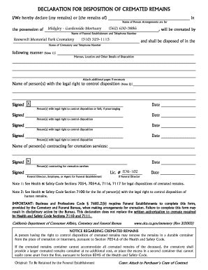 Fillable Online Declaration For Disposition Of Cremated Remains