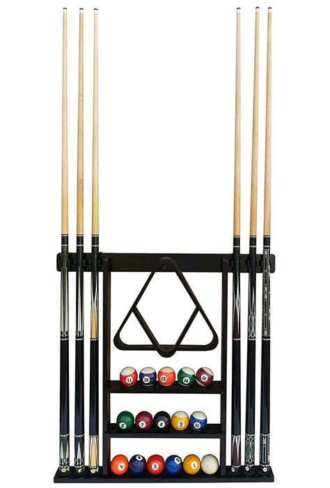 A Rack With Pool Balls And Cues In It